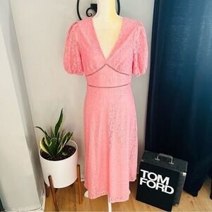 NSR Puff Sleeve Lace Midi Dress, Size Medium, 6/8, Pink, NWT‎
